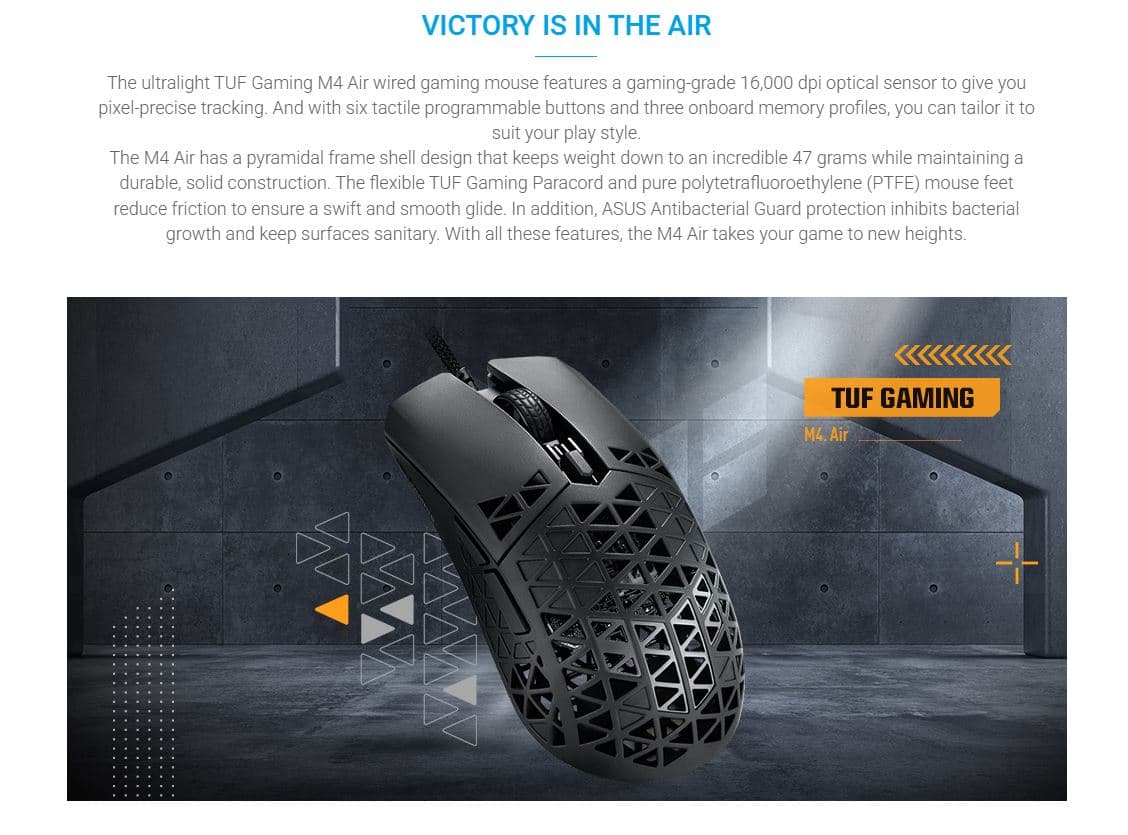 ASUS TUF Gaming M4 Air gaming mouse 16,000 dpi, wired, black, TUF Gaming M4 Air